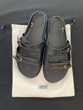 Simkhai Sz 40 Black Leather Carey Slingback Sandals with Gold hardware + dustbag